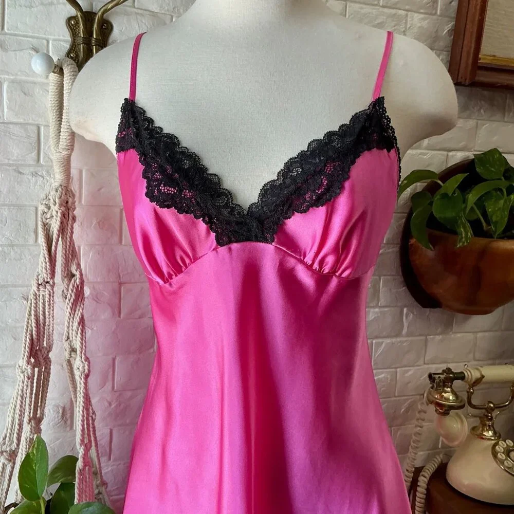 Vintage Linea Donatella Hot Pink Black Lace Satin Mini Slip Dress - Picture 2 of 11